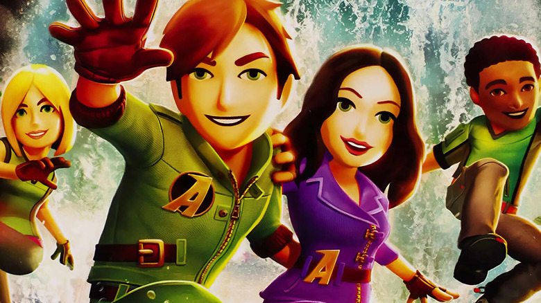 A group of characters smile while posing in front of cascading water on the cover art for Kinect Adventures!