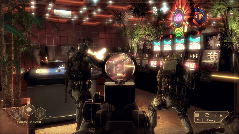A squad of soldiers moves across a casino floor in Tom Clancy's Rainbow Six: Vegas