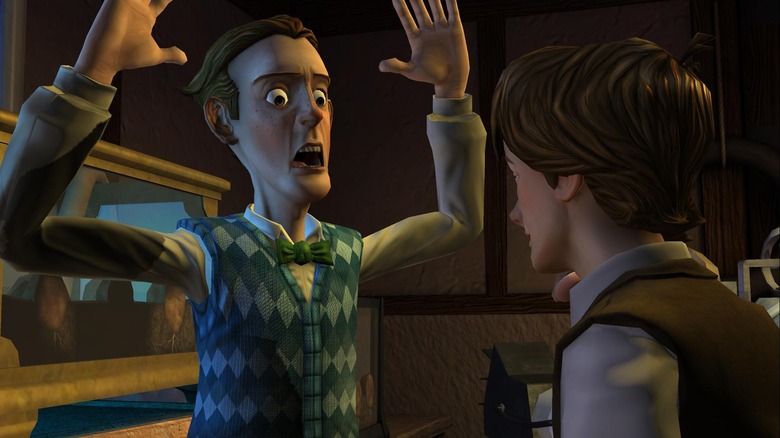 A young Doc Brown raises his hands in front of Marty McFly in "Back to the Future: The Game" (2010)