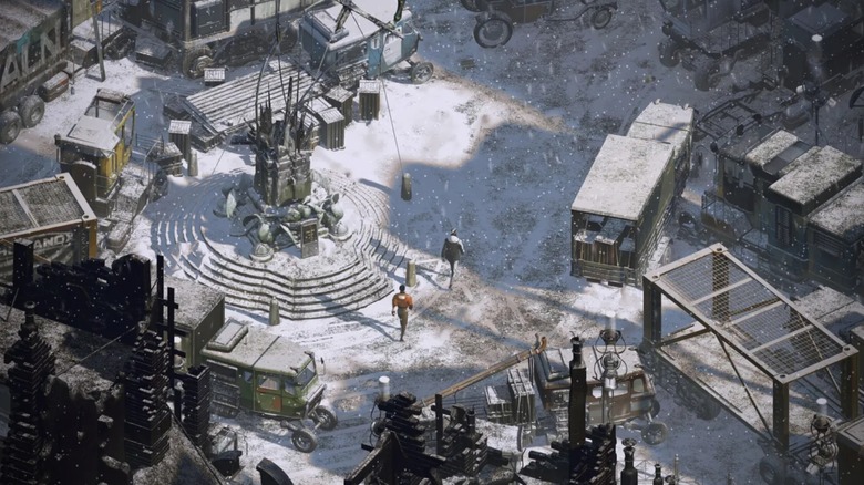 Harry and Kim walking across snowy plaza in Disco Elysium