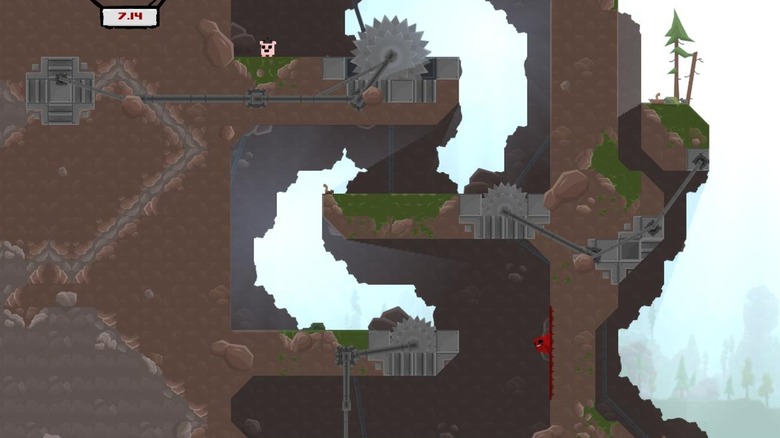 Meat Boy jumping up toward Bandage Girl in Super Meat Boy