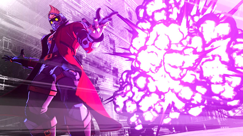 Star-Lord poses in front of a large purple explosion in "Marvel Tōkon: Fighting Souls"