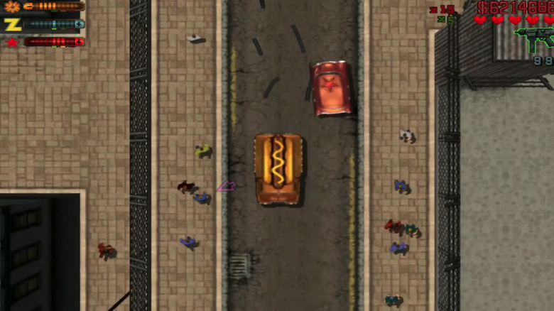 A hotdog car is seen from above as it drives through a city street in Grand Theft Auto 2