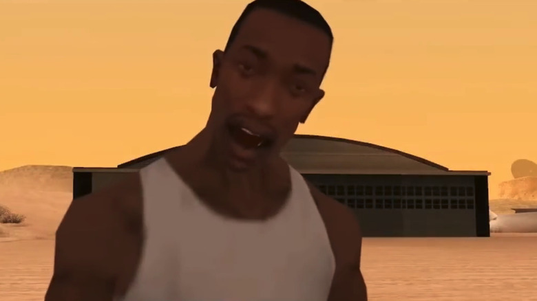 Carl "CJ" Johnson is seen looking shocked in Grand Theft Auto: San Andreas