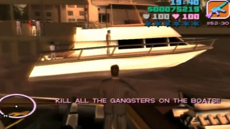 Tommy Vercetti stands on a boat looking at a dock full of Haitian gangsters in Grand Theft Auto Vice City