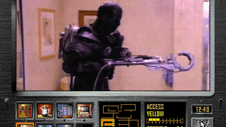 A vampire with a hooked contraption walks in a bathroom in "Night Trap" (1992)