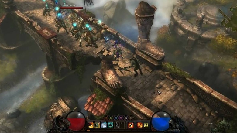 Players fighting demons on a bridge in Diablo 3