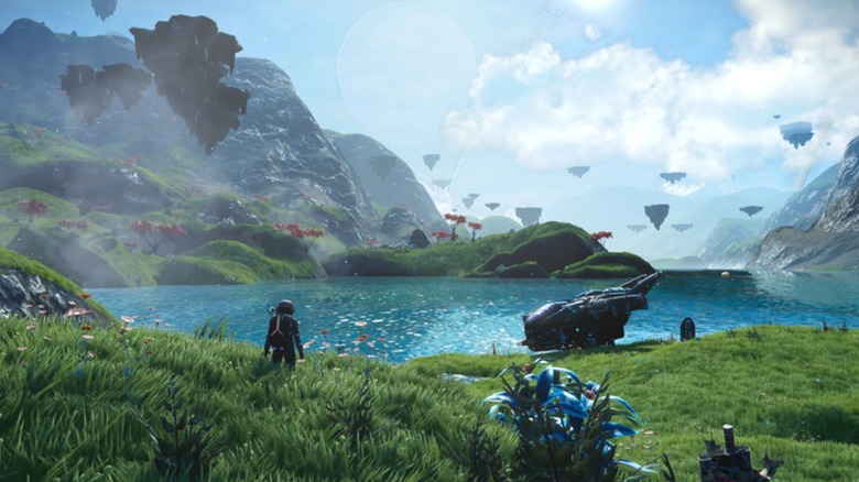 Player exploring alien landscape with floating islands in No Man's Sky