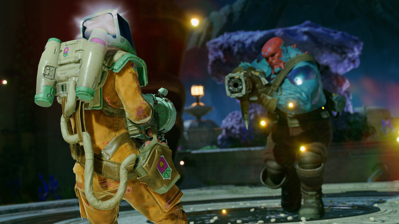 Star-Child aims a gun at a spacesuit-wearing enemy in Concord