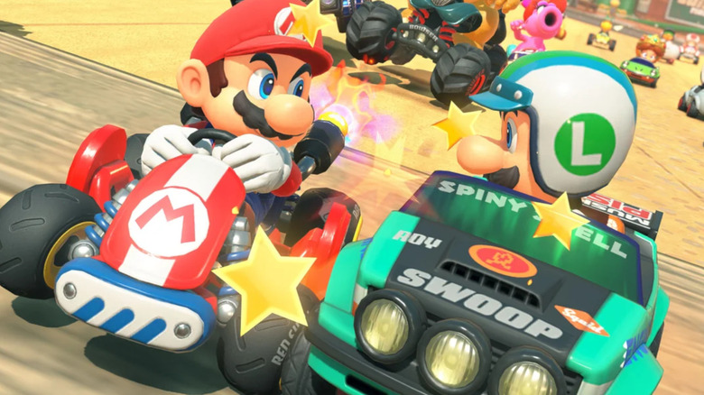 Mario and Luigi glare at each other while their karts collide in Mario Kart World