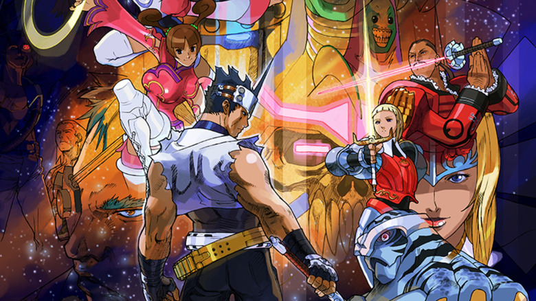 The cast of Plasma Sword: Nightmare of Bilstein assembles on an arcade flyer for Plasma Sword: Nightmare of Bilstein