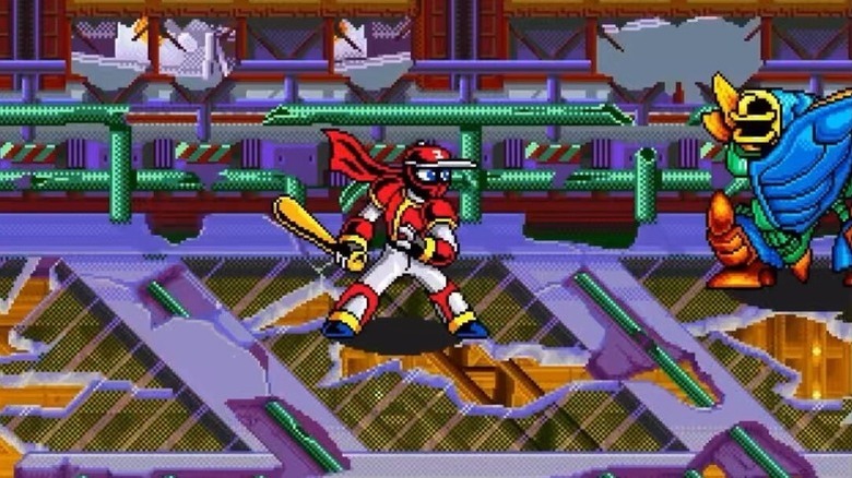 A red baseball ninja holds a baseball bat while facing an umpire enemy in Ninja Baseball Bat Man