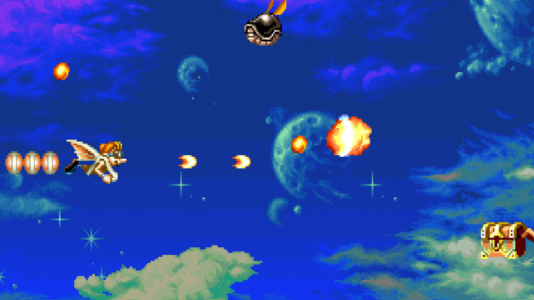 Lou blasts enemies while flying on a hang glider in Three Wonders
