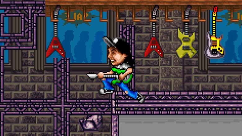 Wayne Campbell jumps off a ledge holding an electric guitar in Wayne's World