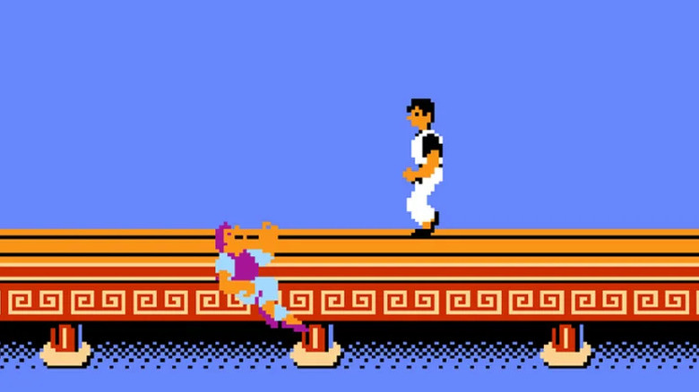 Thomas walks up to a man falling off a wooden platform in Kung Fu