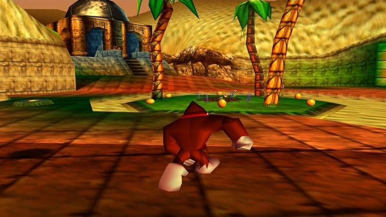 Donkey Kong runs towards an oasis in Donkey Kong 64