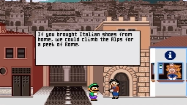 Luigi speaks to a man near an information desk in Mario Is Missing!