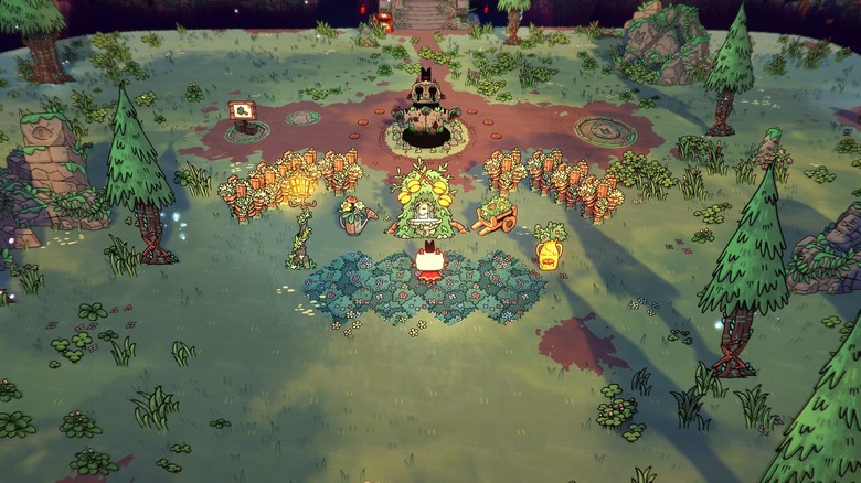 A lamb approaches an overgrown shrine in Cult of the Lamb