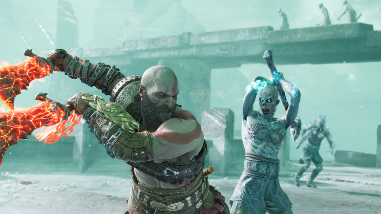 Kratos swings burning blades at an undead wraith in God of War Ragnarök