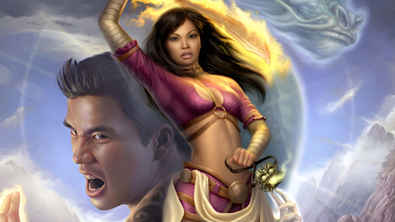 A woman wields a flaming sword on the cover art for Jade Empire