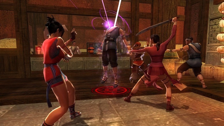 A group of martial artists battle each other in a marketplace in Jade Empire