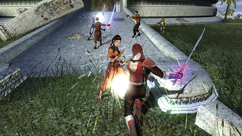 Bastila Shan battles a Sith warrior in Star Wars: Knights of the Old Republic