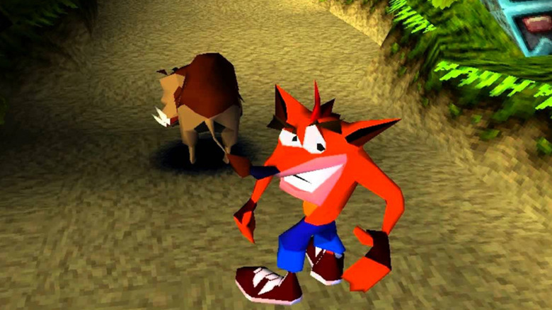 Crash Bandicoot runs by a warthog through the jungle in "Crash Bandicoot" (1996)