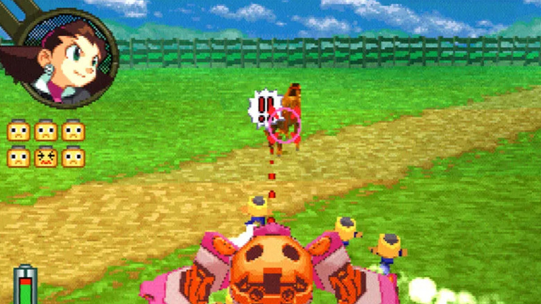 Tron Bonne targets an enemy from her mech suit in "The Misadventures of Tron Bonne" (1999)