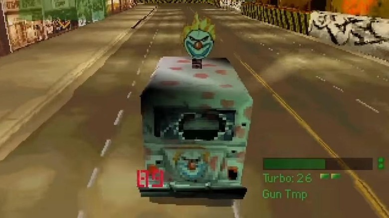 Sweet Tooth's ice cream van drives through a city in "Twisted Metal" (1995)