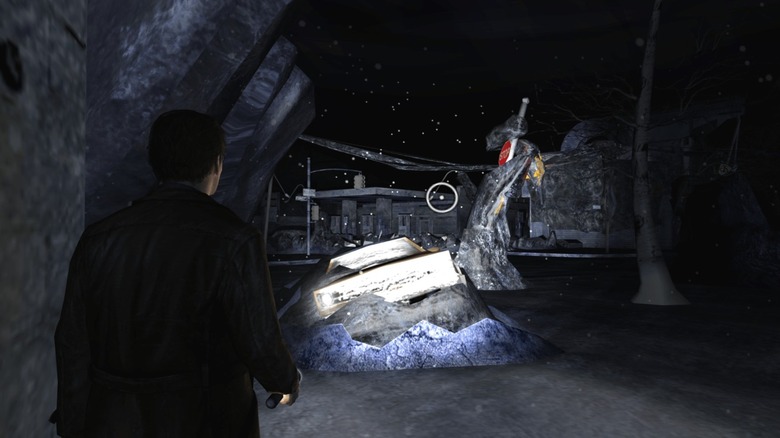 Harry exploring dark landscape with flashlight in Silent Hill: Shattered Memories