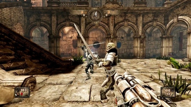 Player shooting at a skeleton in Painkiller: Hell & Damnation