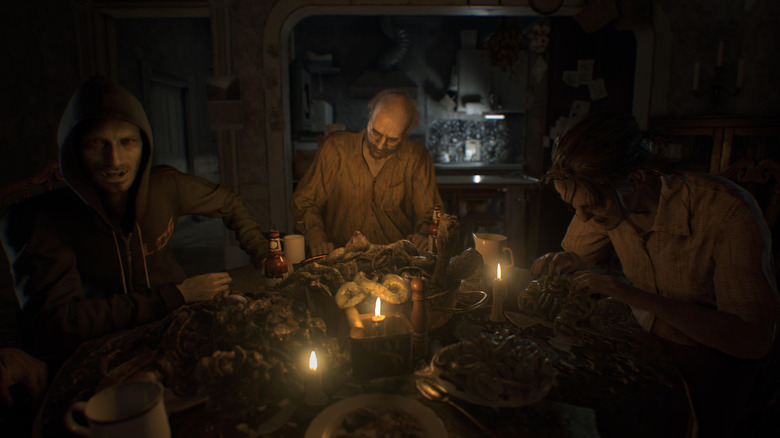 The Baker family eat dinner as Ethan Winters watches in Resident Evil 7: Biohazard