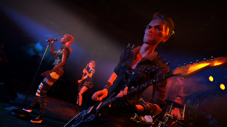 A quartet performs on stage in Rock Band 4