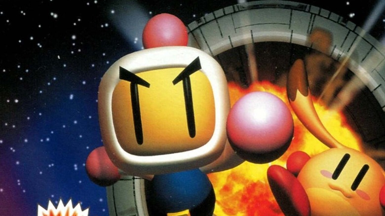 Bomberman leaps from an explosion angrily on the cover art for Bomberman 64: The Second Attack!