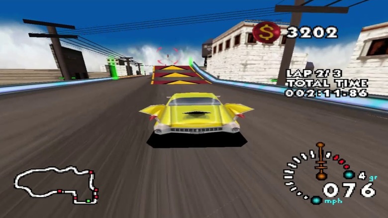 A finned car approaches a ramp in Stunt Racer 64