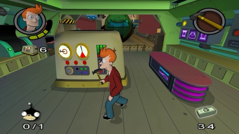 Philip J. Fry walks while holding a hammer in Futurama