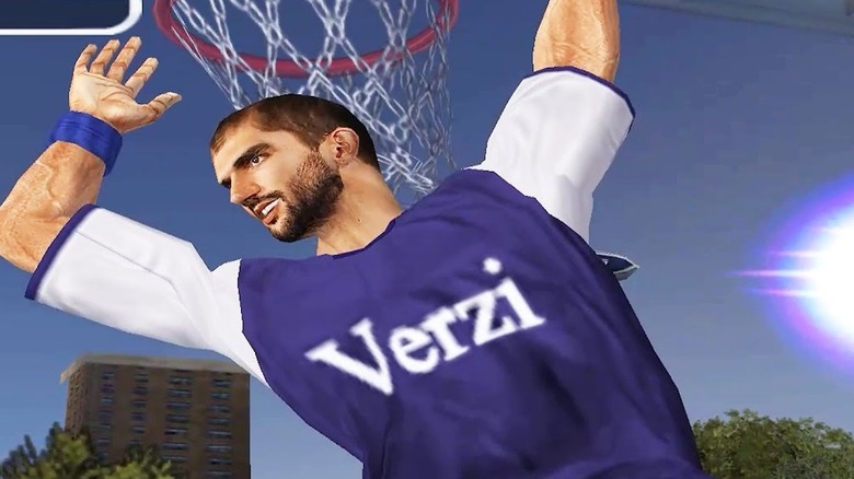 A player character hangs from a hoop in NBA Ballers