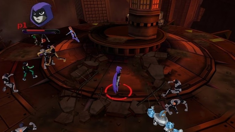 Raven watches as her friends battle enemies in Teen Titans (2006)