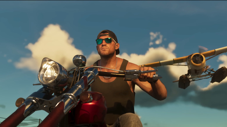 Jason riding a motorcycle with a plane in the background in Grand Theft Auto VI