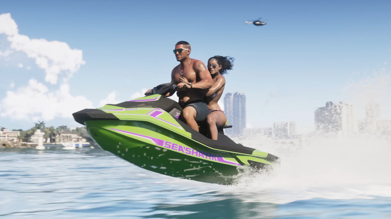 Jason and Lucia riding on a jet ski in Grand Theft Auto VI