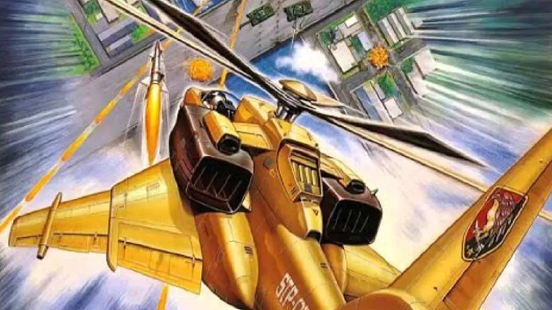 A helicopter fires missiles at incoming thanks on the cover art for "Metal Hawk" (1988)