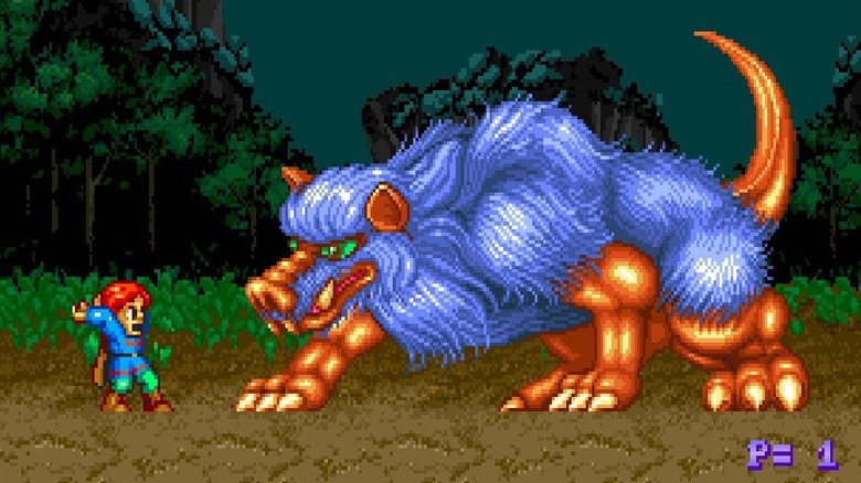 Willow attacks a giant wolf monster in "Willow" (1989)