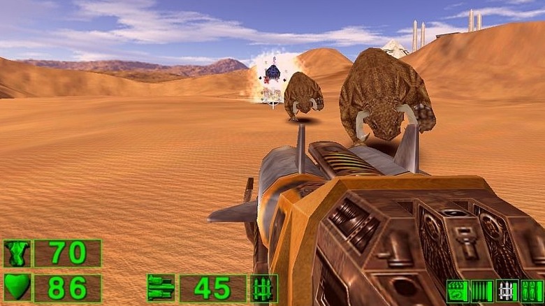 Sam fires a rocket launcher at charging alien bulls in "Serious Sam: The First Encounter" (2001)