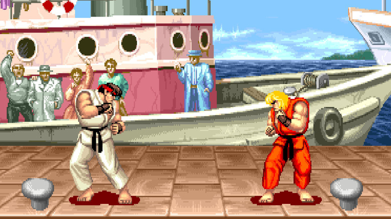 Ryu and Ken face each other as onlookers cheer from a boat in Street Fighter II: The World Warrior