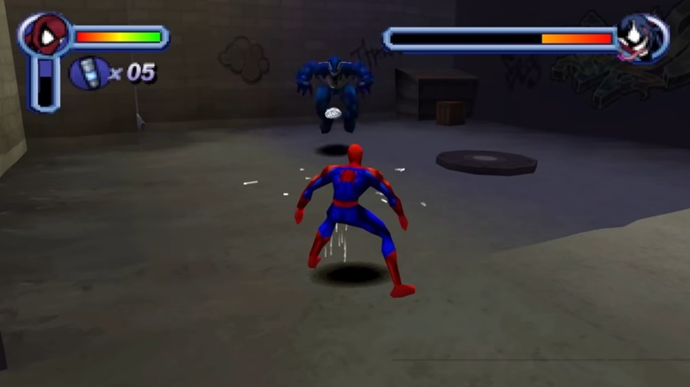 Spider-Man shooting a web at Venom in "Spider-Man" (2000)