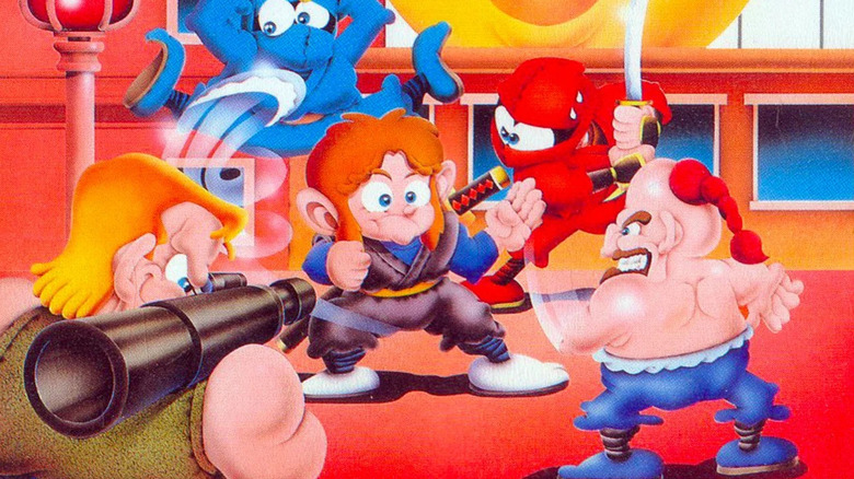Alex Kidd dressed in ninja gear is surrounded by enemies on the cover art for Alex Kidd in Shinobi World