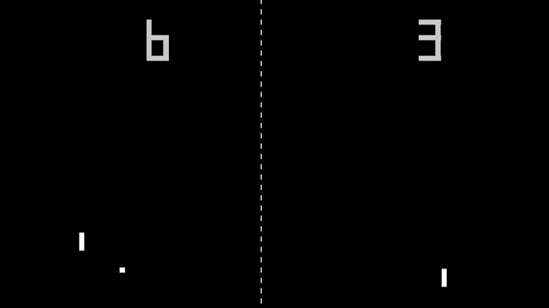 A white paddle hits a ball with a score of 6-3 listed on the screen in Pong