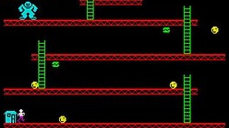 A player character runs away from a barrel while a blue gorilla stands over him in Killer Kong