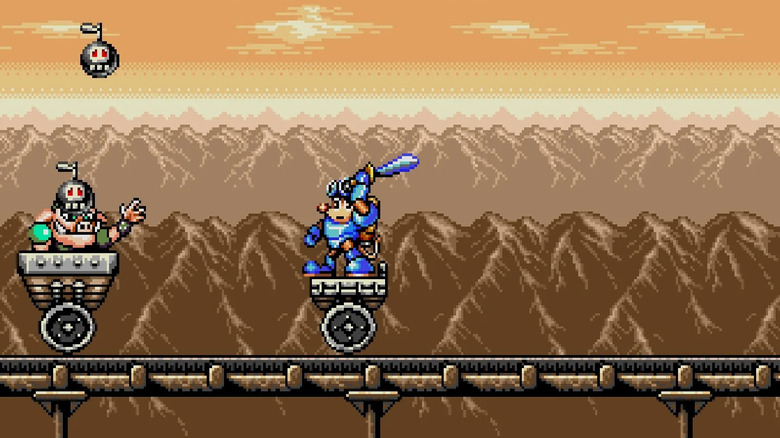 Sparkster raises his sword while riding on a track in "Rocket Knight Adventures"