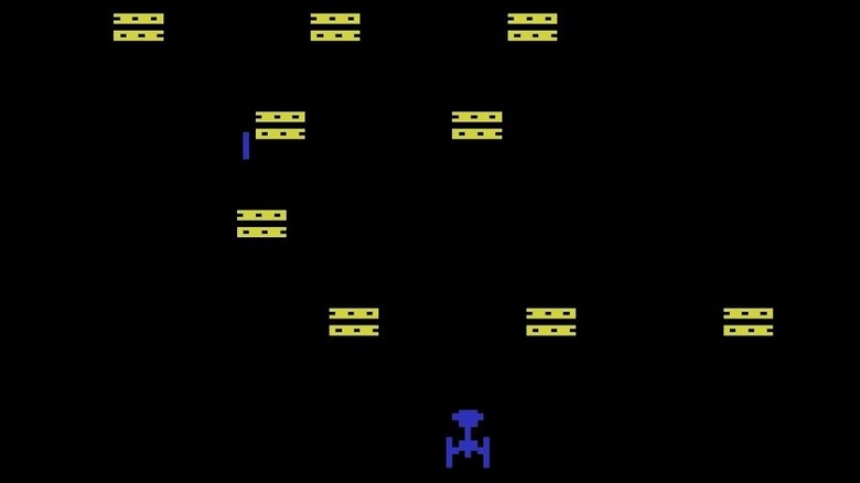 A blue ship faces descending yellow sandwiches in Megamania